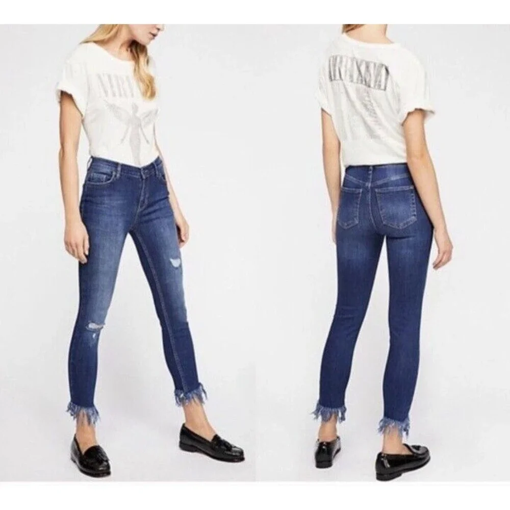 Free People Great Heights Fringe Frayed Hem Skinny Jeans Women's Size 27
